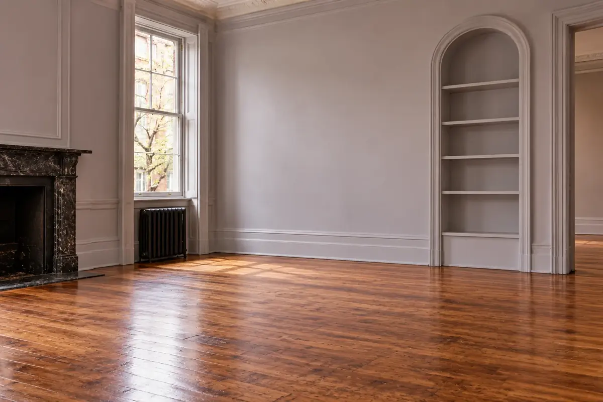 An empty living room transforming step by step into a colorful, collected Curated Monday interior.