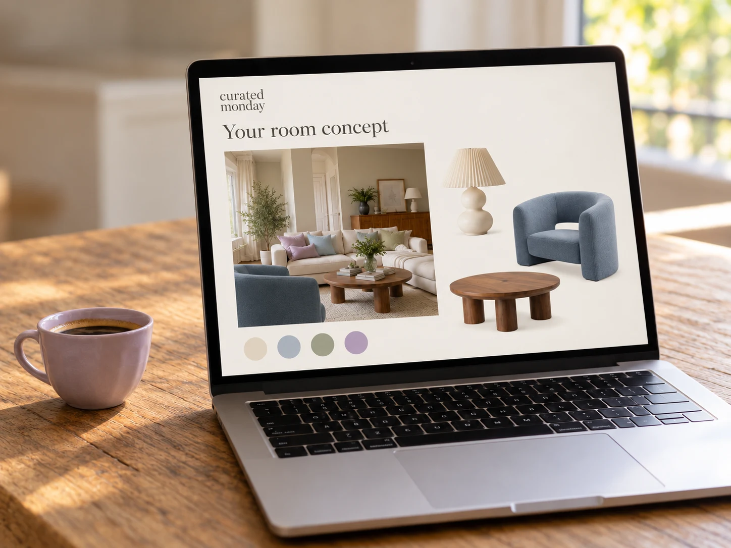 A laptop displaying a digital room concept with a blue chair, wood table, lamp and color palette, beside a lavender cup.