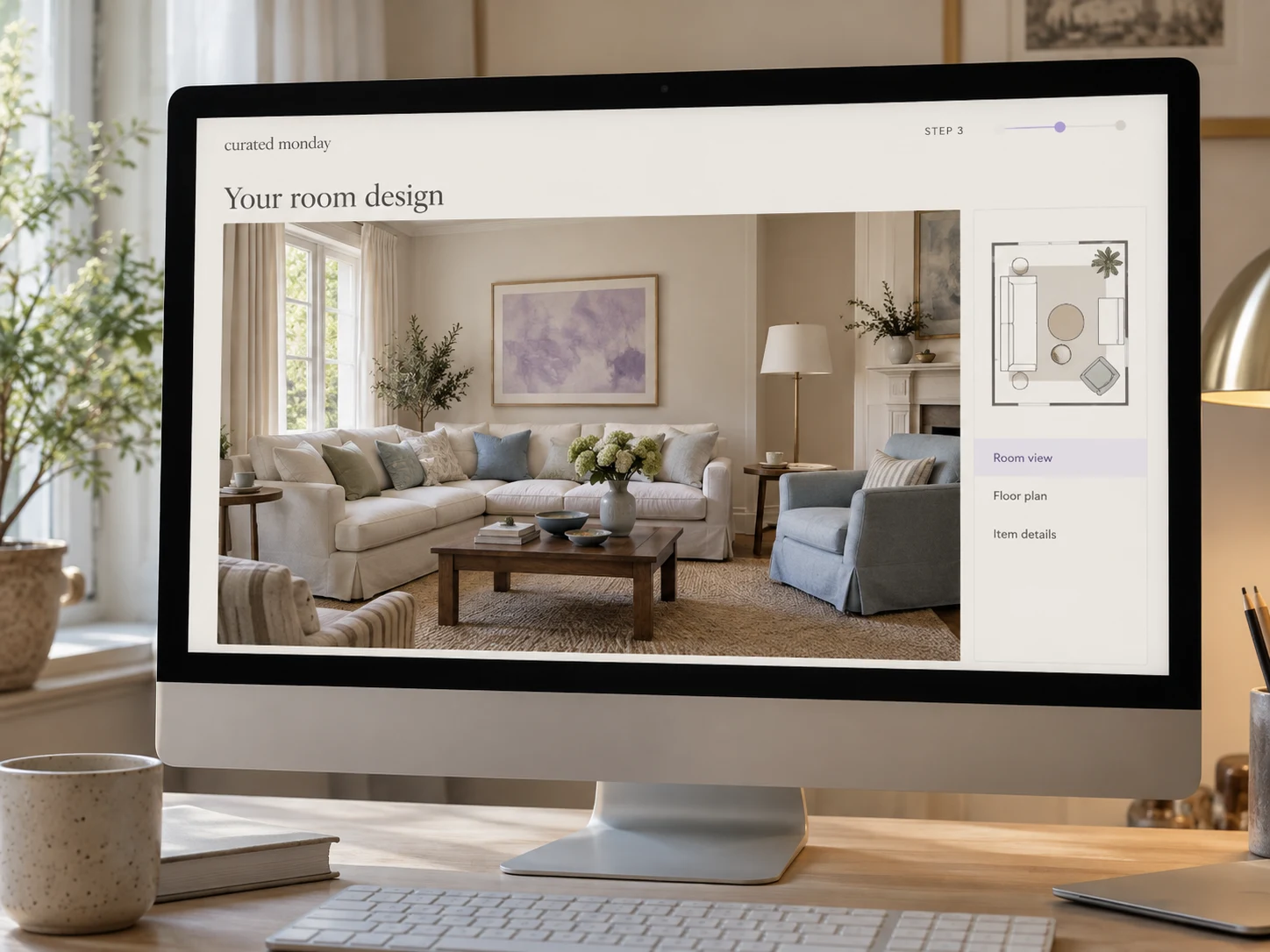A desktop screen displaying a complete living room design and its floor plan.