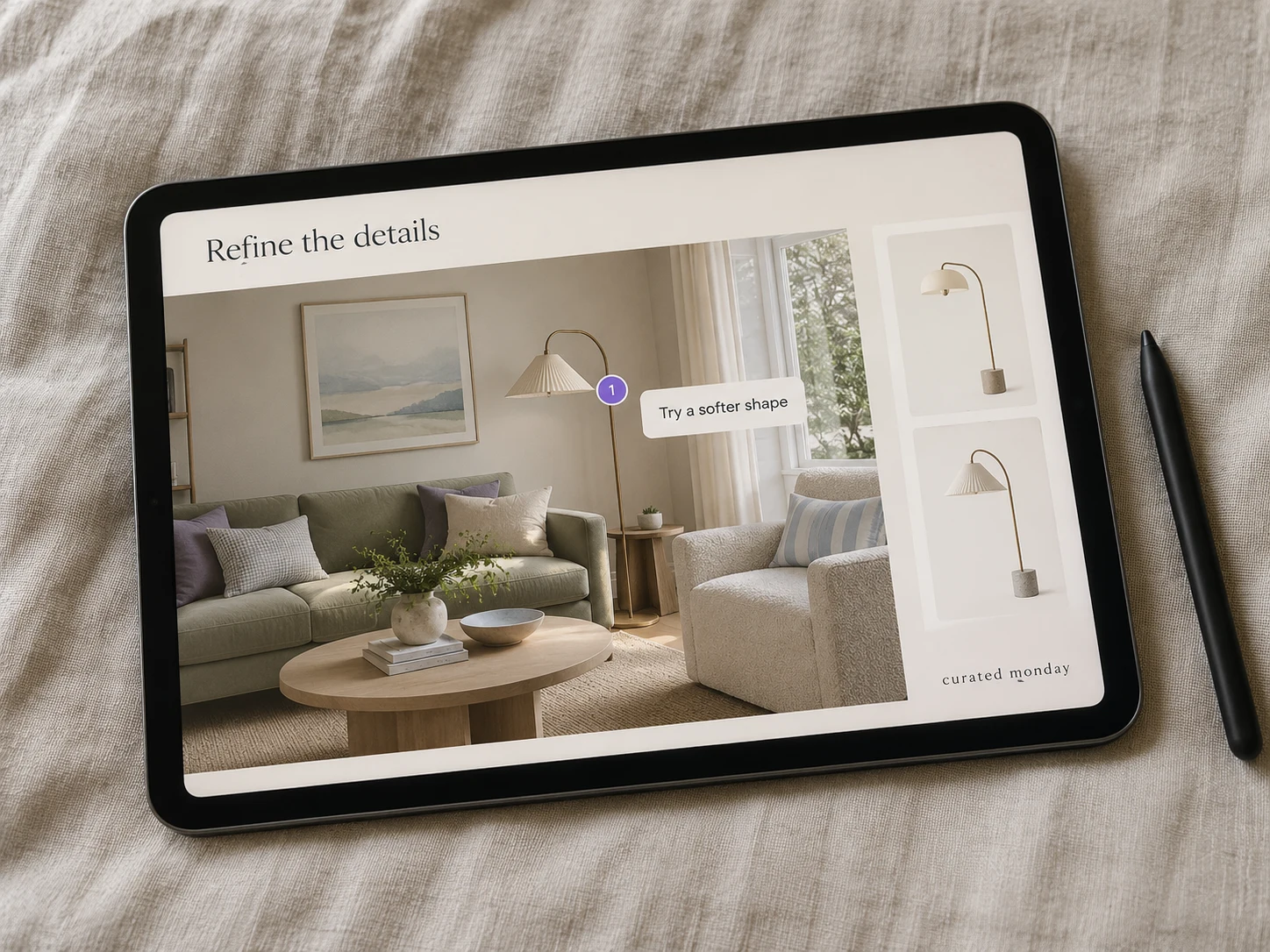 A tablet displaying room design feedback and alternative lamps.