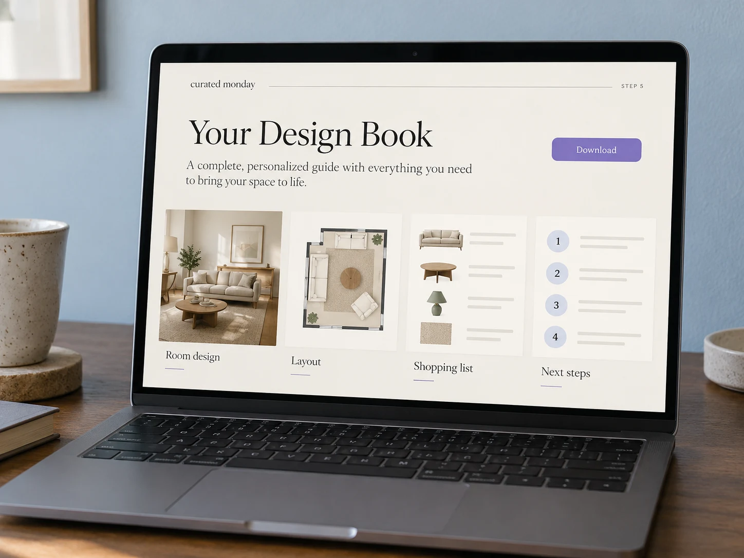A laptop displaying a downloadable Design Book with room design, layout, shopping list and next steps.