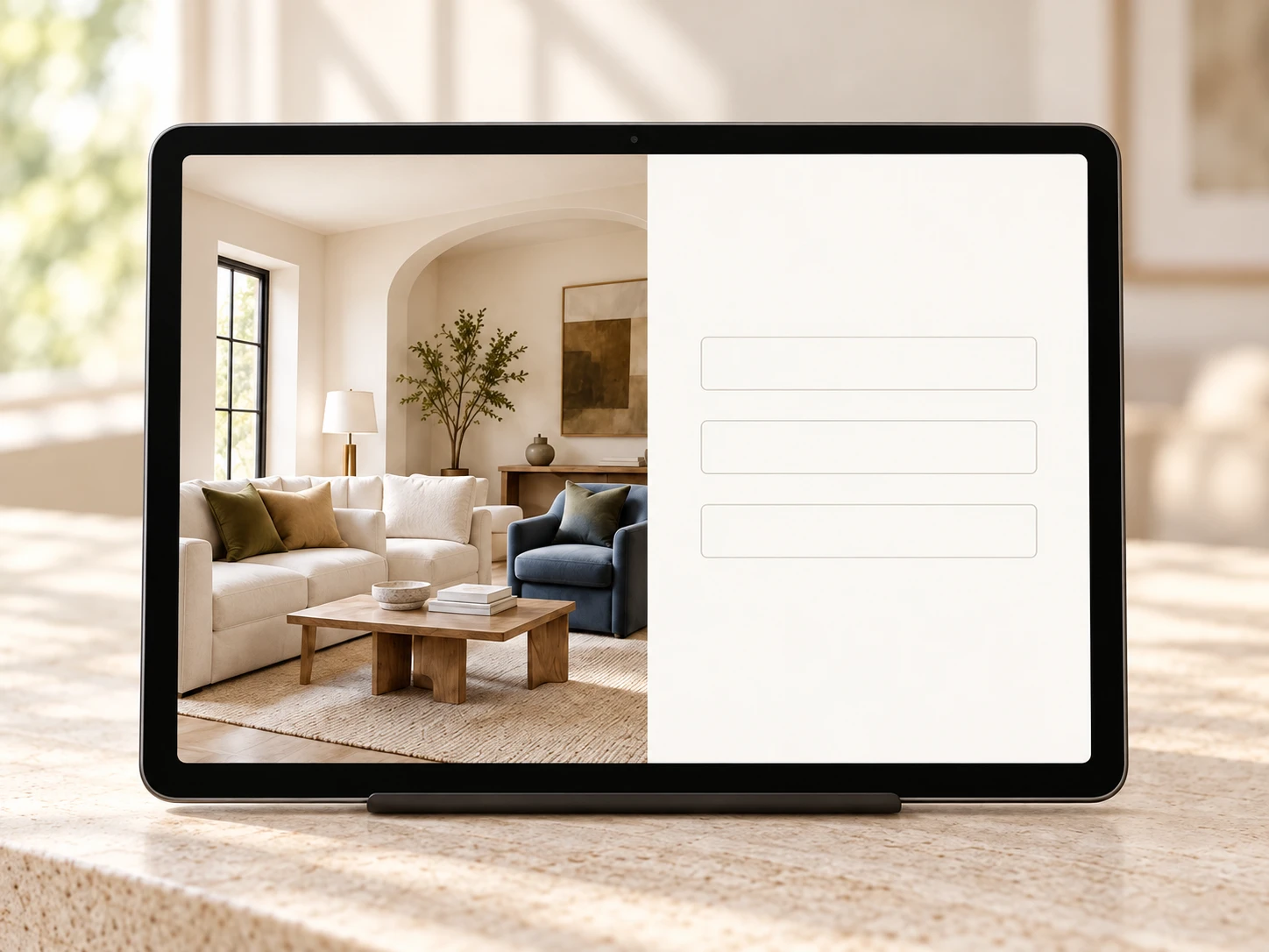 A sunlit design workspace with a tablet demonstrating how to send a room inquiry through our contact page.