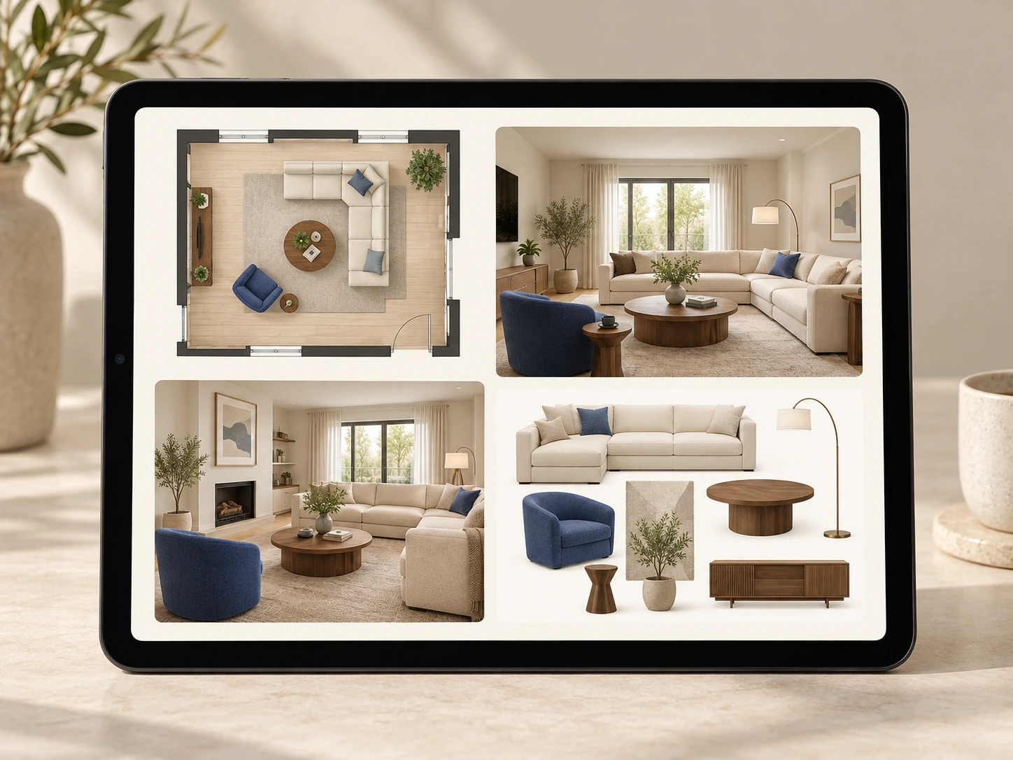 A tablet showing a floor plan, two coordinated living room views and furniture selections for The Full Room.