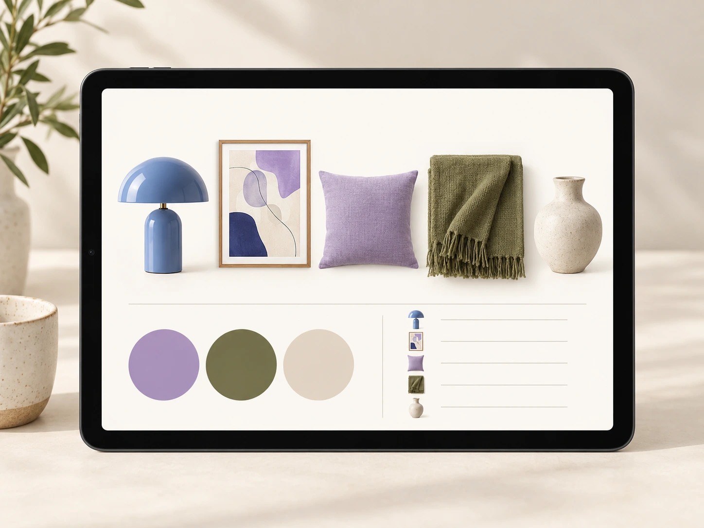 A tablet showing five finishing accessories, a color palette and a shopping list for The Refresh.