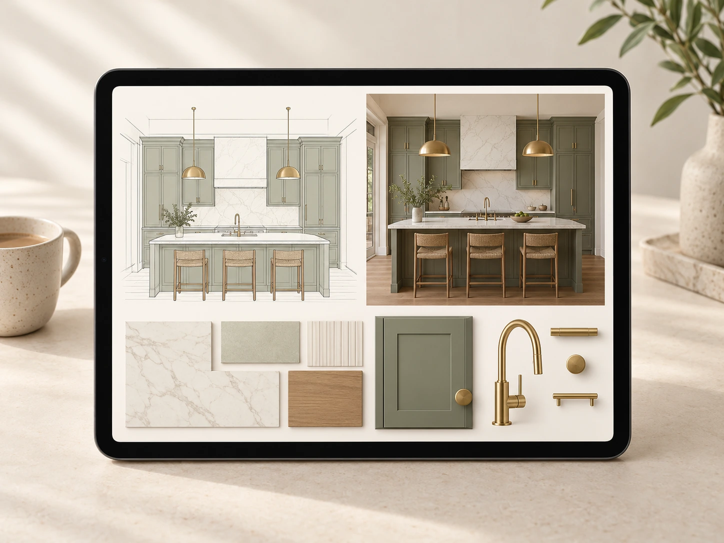 A tablet showing a kitchen elevation, a kitchen visualization and permanent finish selections for The Renovation.